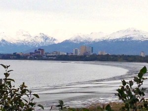 The Tony Knowles Coastal Trail during low tide.  Looking towards the east at Anchorage, AK from farther  down the trail.
